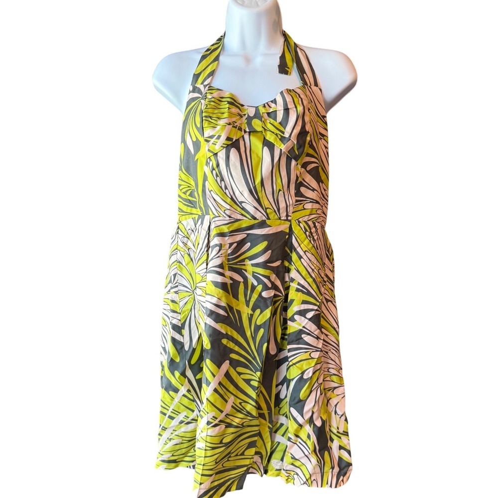 HYPE 100% Silk Halter Backless Dress Green Gray‎ Tropical Print Women's Size 8